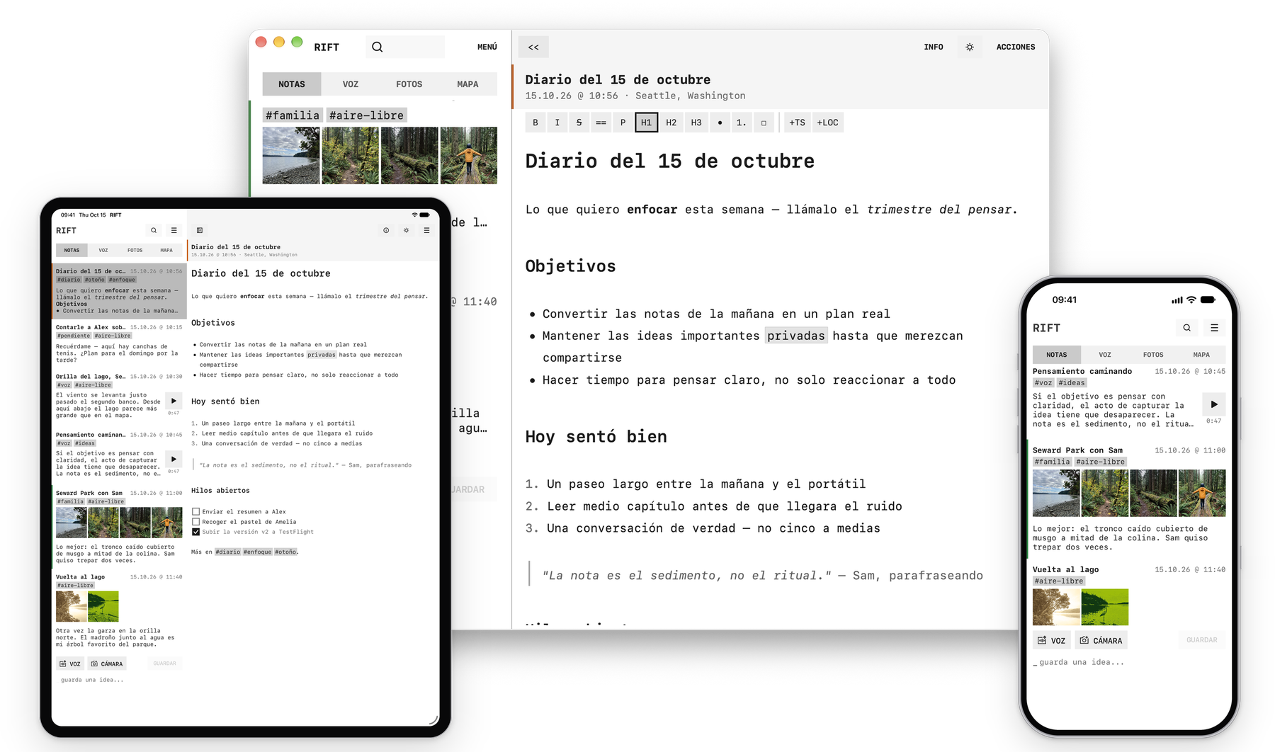 RIFT en un Mac, un iPad y un iPhone con las mismas notas