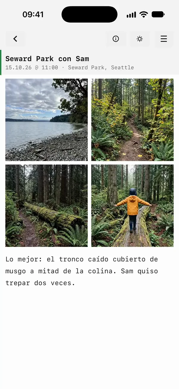 Una nota con fotos de un parque, luego la cámara probando estilos en directo, haciendo una foto y cambiando su estilo después, y luego las fotos compartidas como una instantánea con un texto, el lugar y la fecha